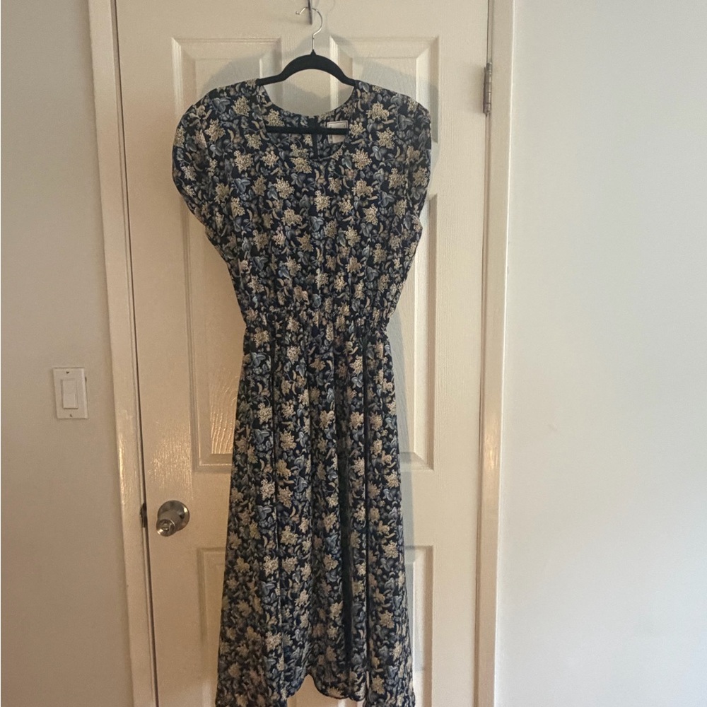 Vintage Navy Floral Midi Dress Size 12 Cottagecore Prairie Y2K